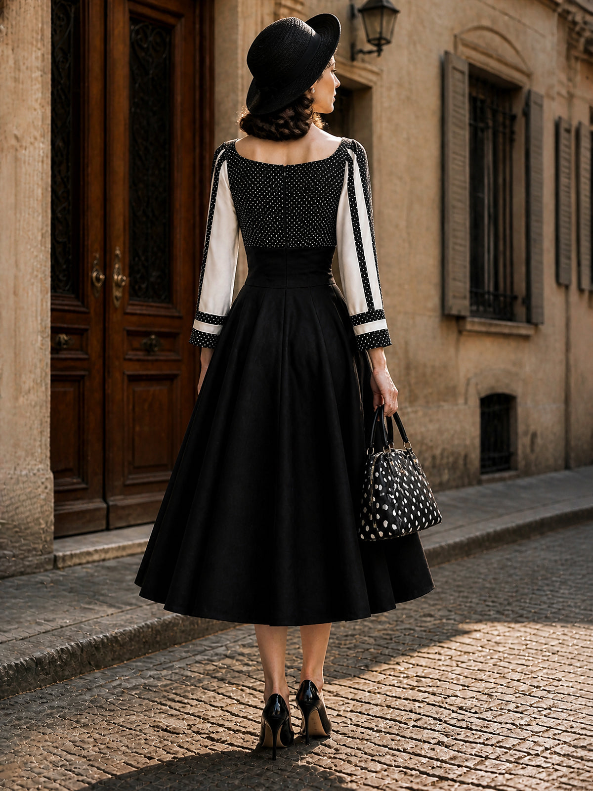 Vintage Black Polka Dot Sweetheart A-Line Midi Dress
