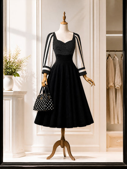 Vintage Black Polka Dot Sweetheart A-Line Midi Dress