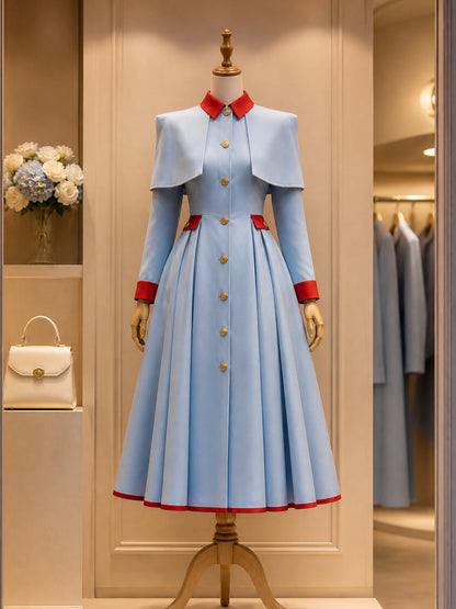 Vintage Blue Red-Trim Caped Button-Front Midi Dress