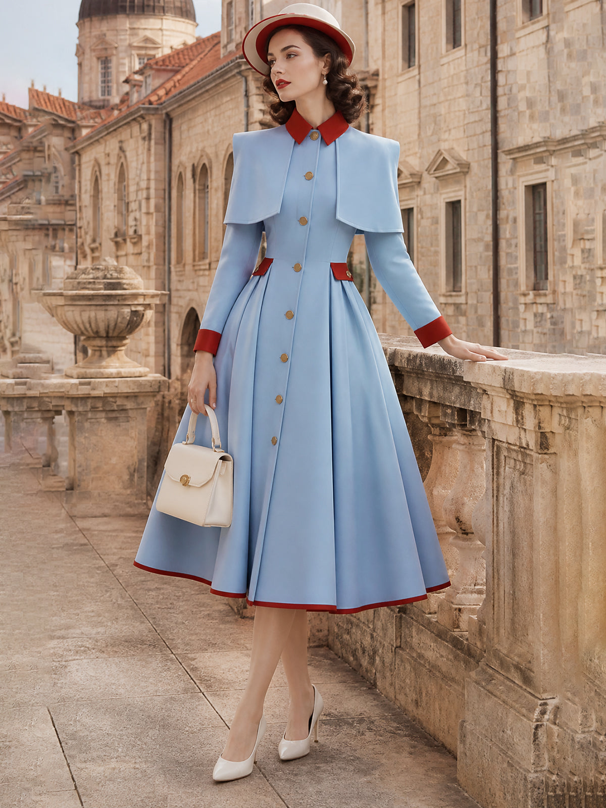Vintage Blue Red-Trim Caped Button-Front Midi Dress