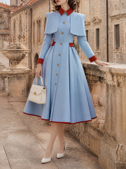 Vintage Blue Red-Trim Caped Button-Front Midi Dress