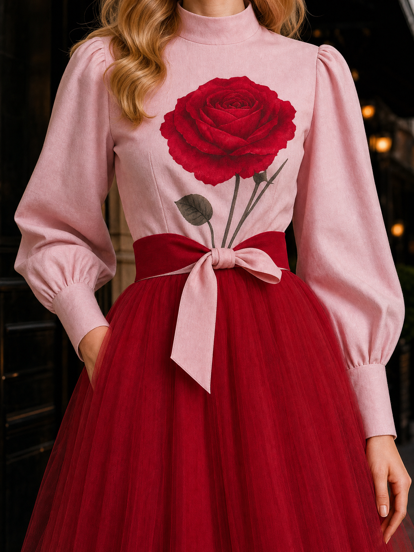 Vintage Rose Print Mesh Spliced Midi Dress