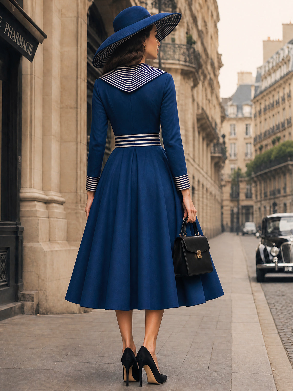 Vintage Navy Sailor-Collar Striped-Trim A-Line Midi Dress