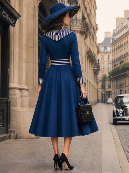 Vintage Navy Sailor-Collar Striped-Trim A-Line Midi Dress