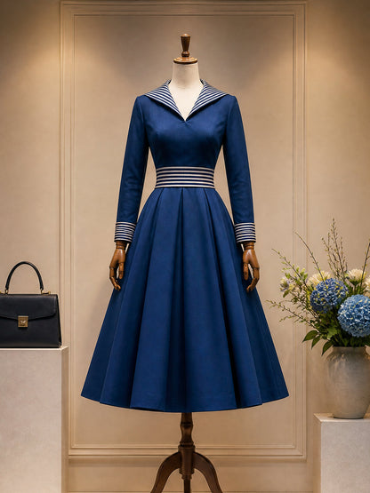 Vintage Navy Sailor-Collar Striped-Trim A-Line Midi Dress