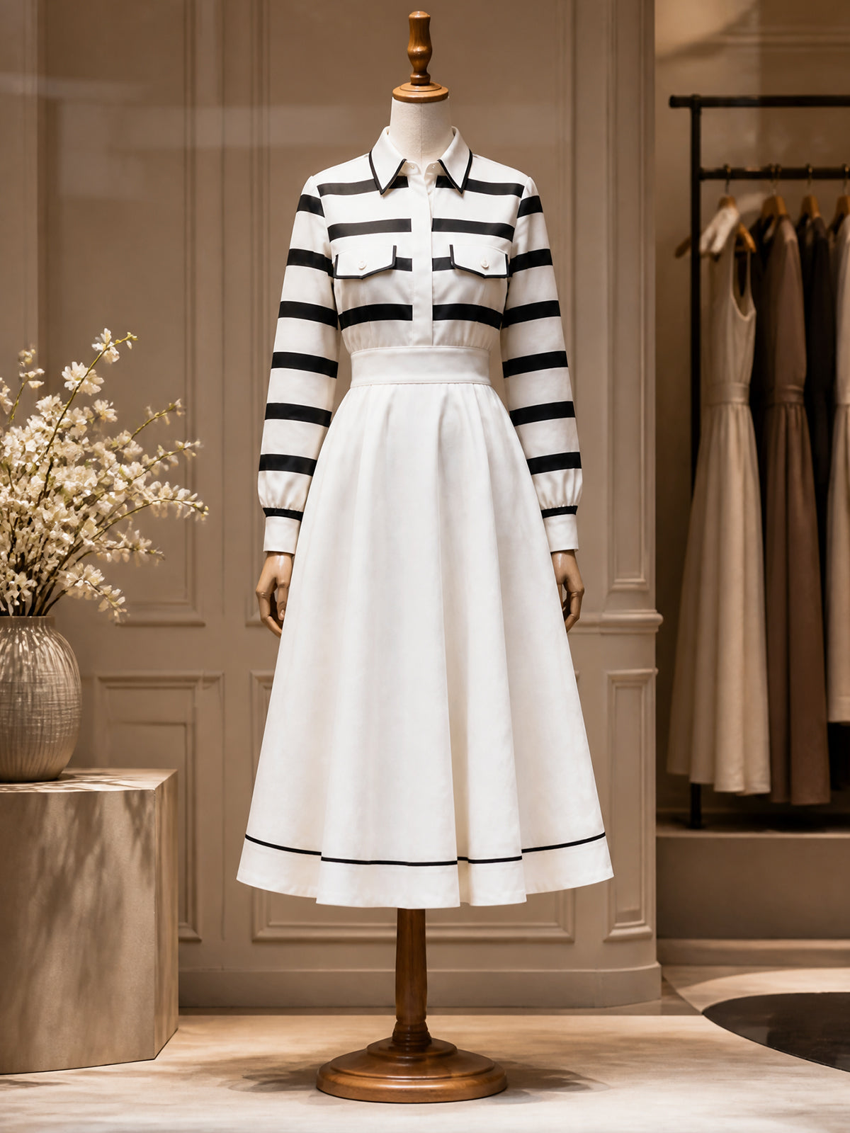 Vintage Striped Collared Long Sleeve Shirt Dress