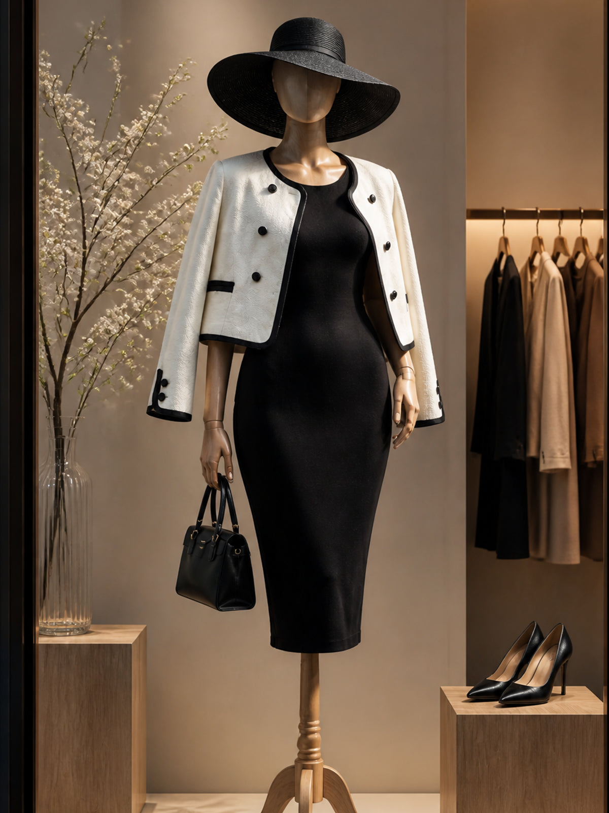 Vintage Ivory Contrast-Trim Jacket & Black Bodycon Dress Set