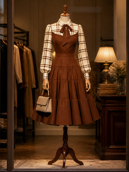 Vintage Brown Plaid Bow-Tie Tiered A-Line Dress