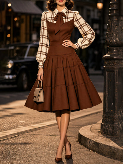 Vintage Brown Plaid Bow-Tie Tiered A-Line Dress