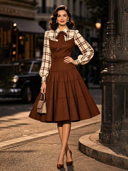 Vintage Brown Plaid Bow-Tie Tiered A-Line Dress