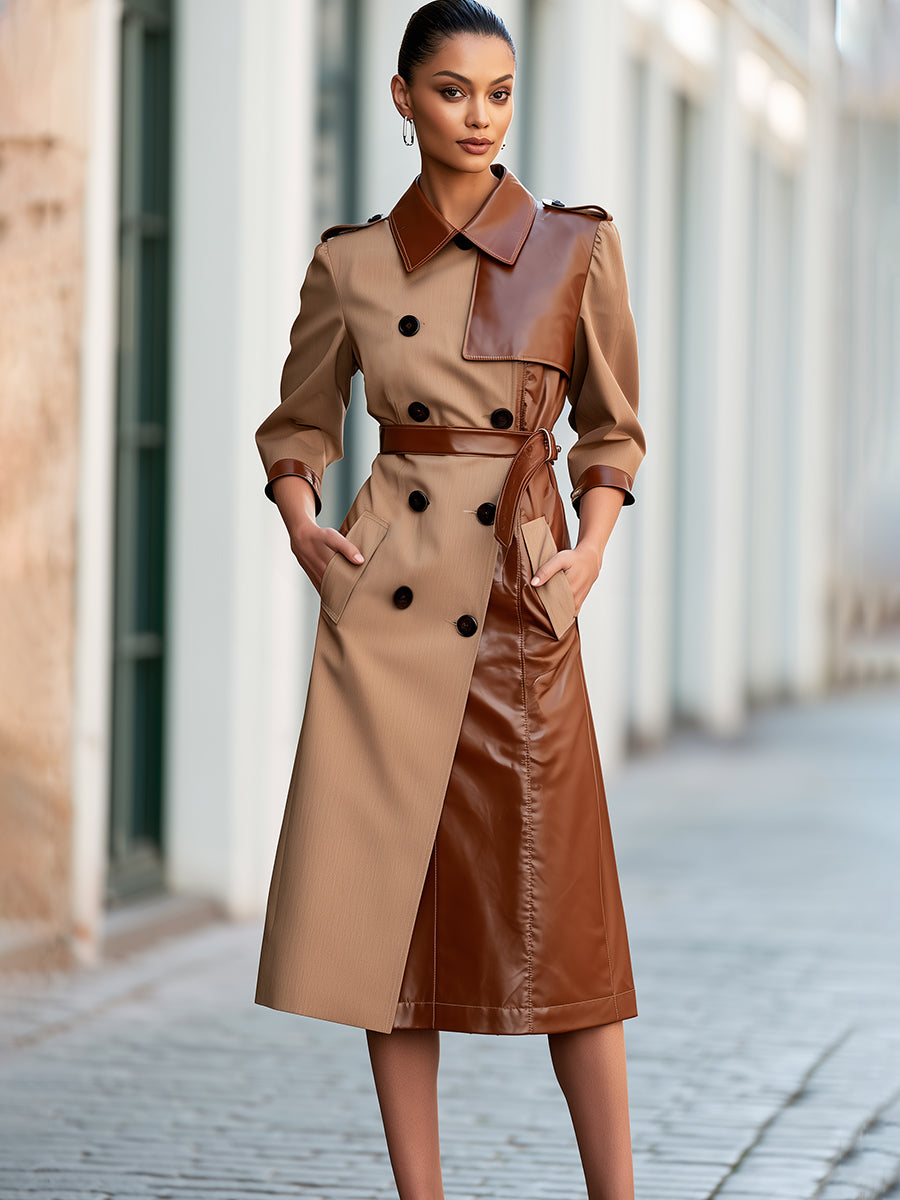 Contrast-Panel Belted Trench Midi Dress