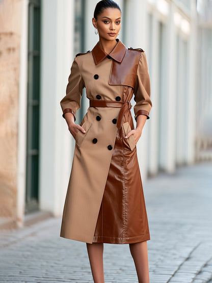 Contrast-Panel Belted Trench Midi Dress