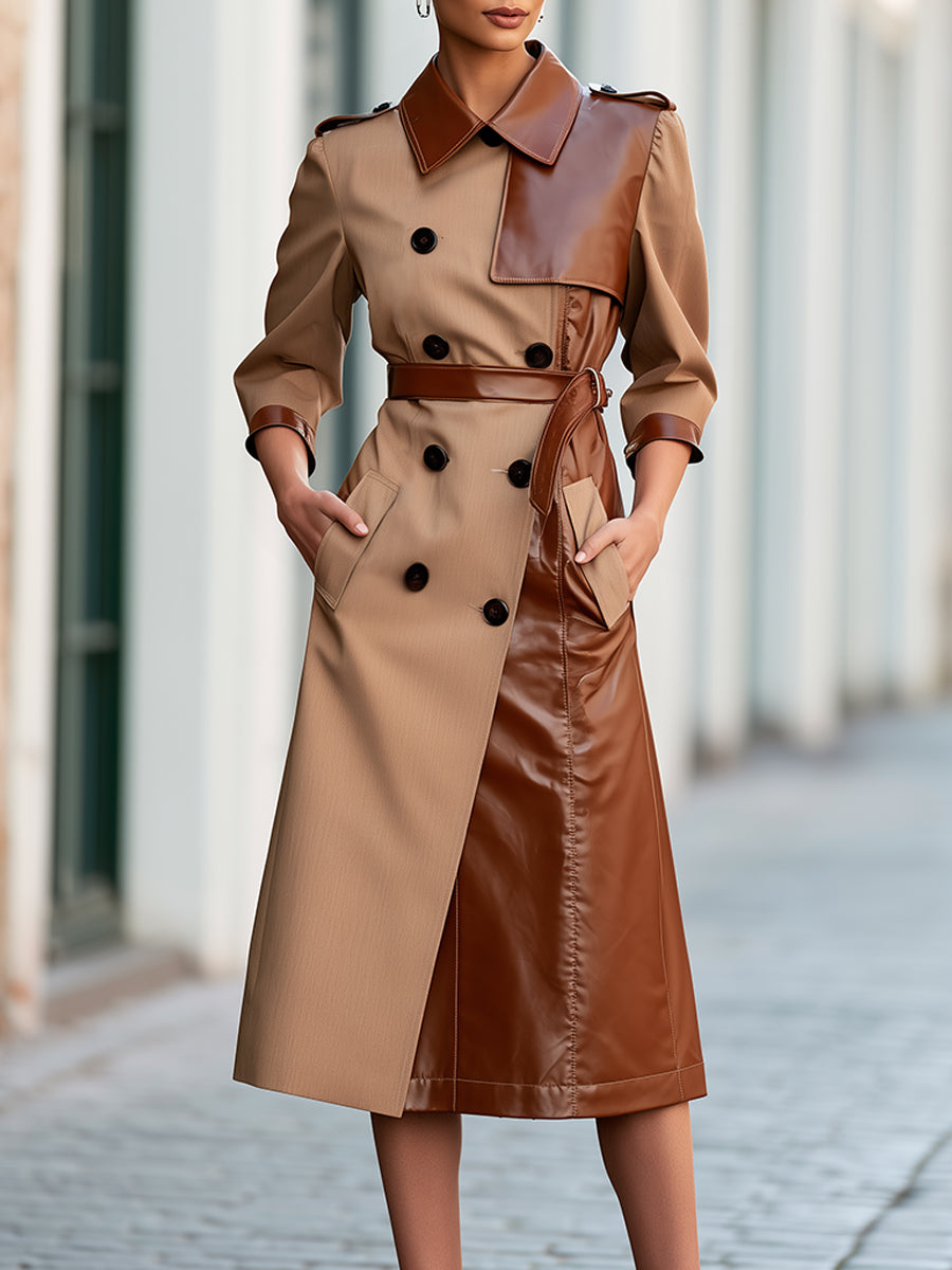 Contrast-Panel Belted Trench Midi Dress