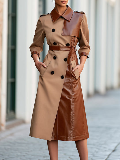 Contrast-Panel Belted Trench Midi Dress