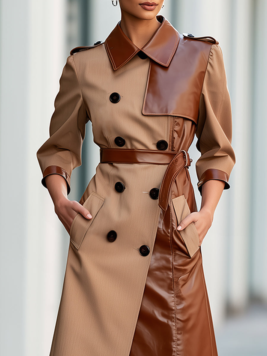 Contrast-Panel Belted Trench Midi Dress