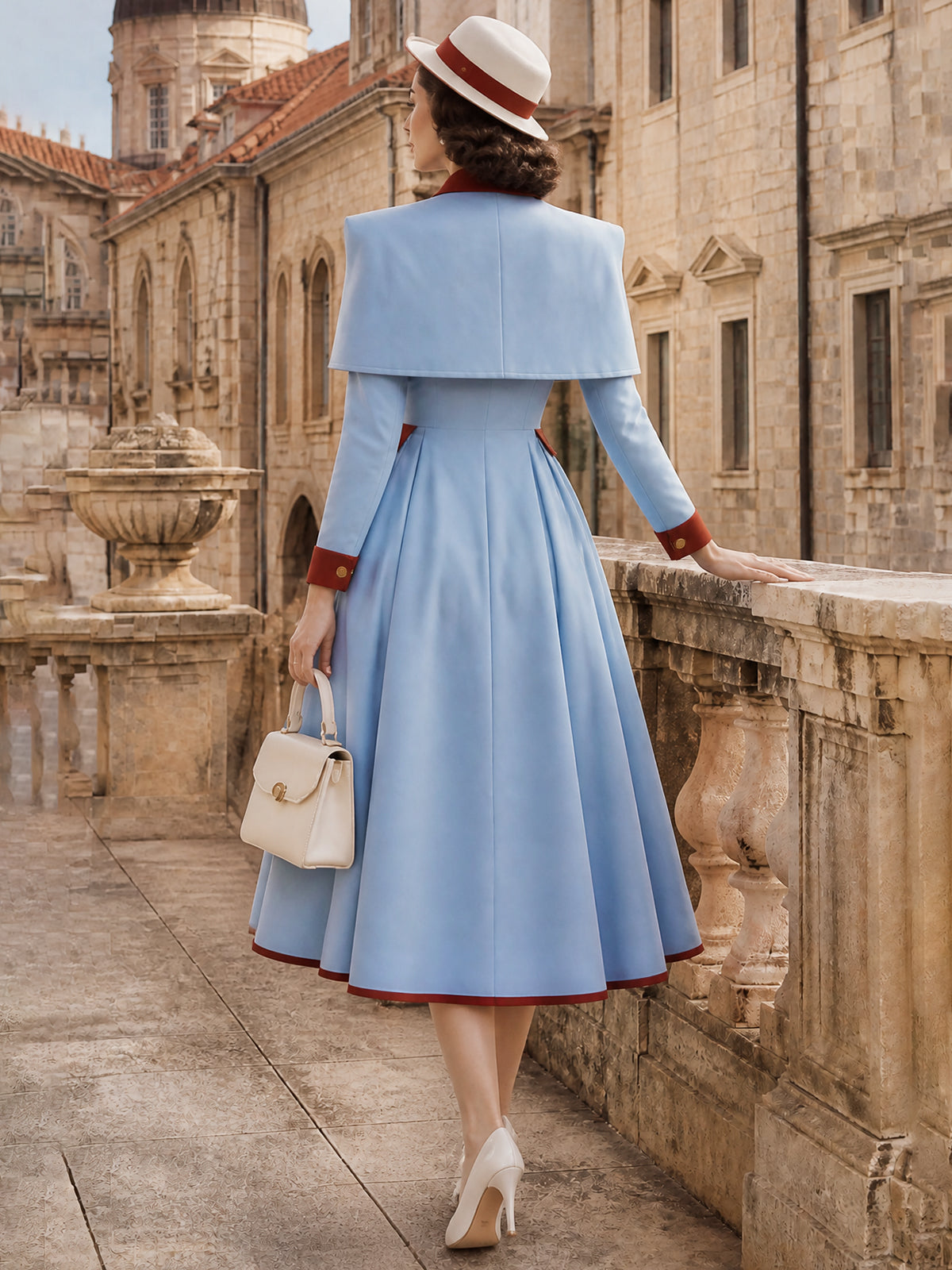 Vintage Blue Red-Trim Caped Button-Front Midi Dress