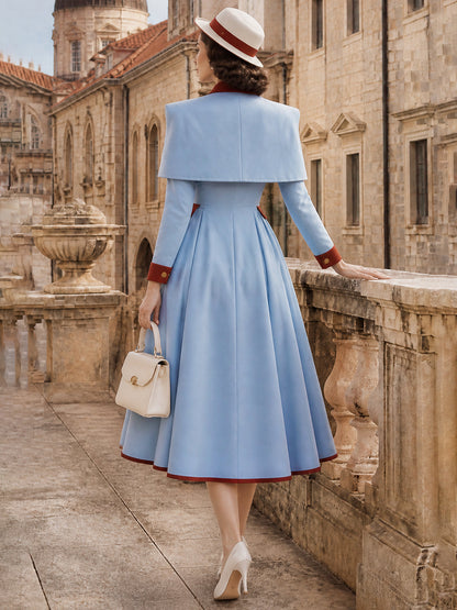 Vintage Blue Red-Trim Caped Button-Front Midi Dress