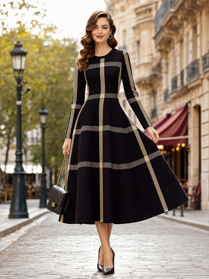 Vintage Plaid Long‑Sleeve Midi Swing Dress