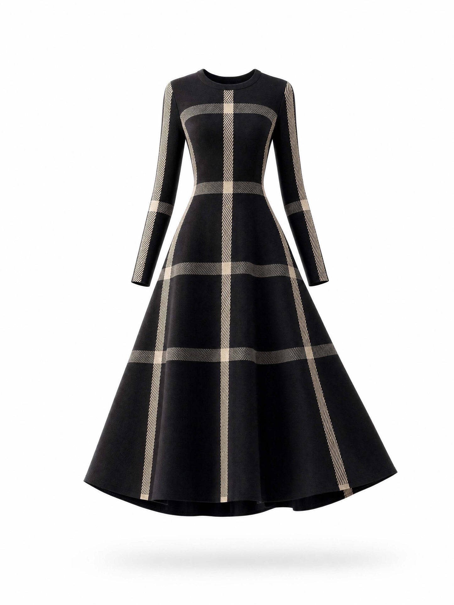 Vintage Plaid Long‑Sleeve Midi Swing Dress