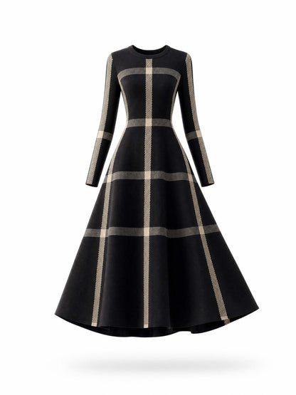 Vintage Plaid Long‑Sleeve Midi Swing Dress