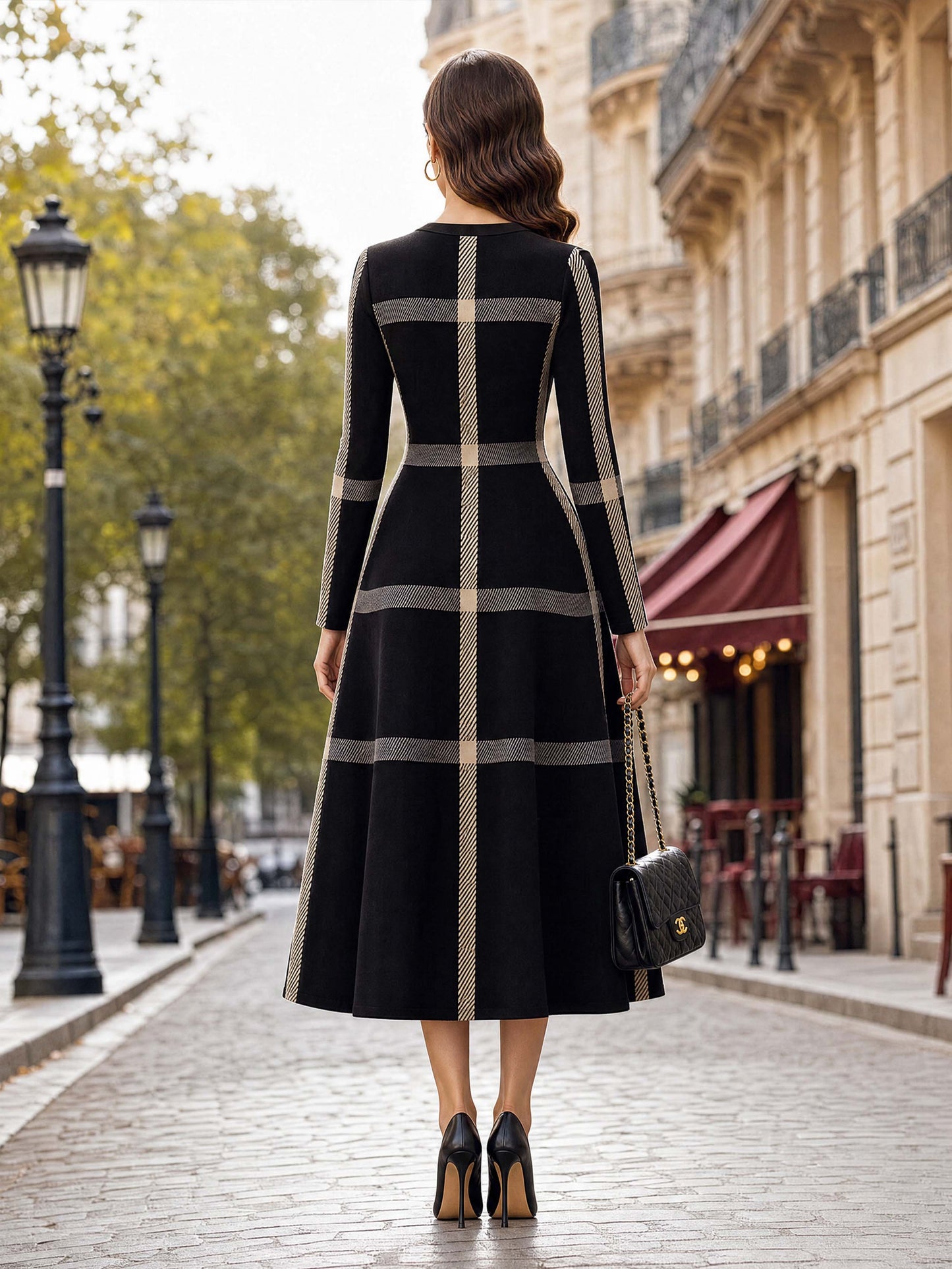 Vintage Plaid Long‑Sleeve Midi Swing Dress