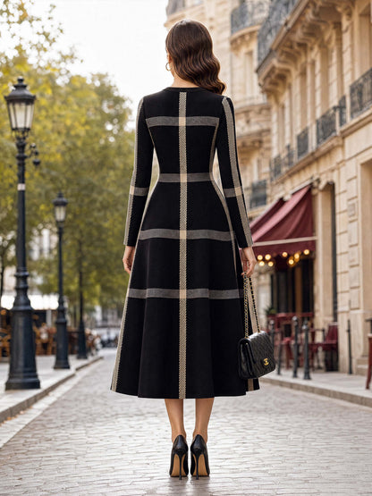 Vintage Plaid Long‑Sleeve Midi Swing Dress