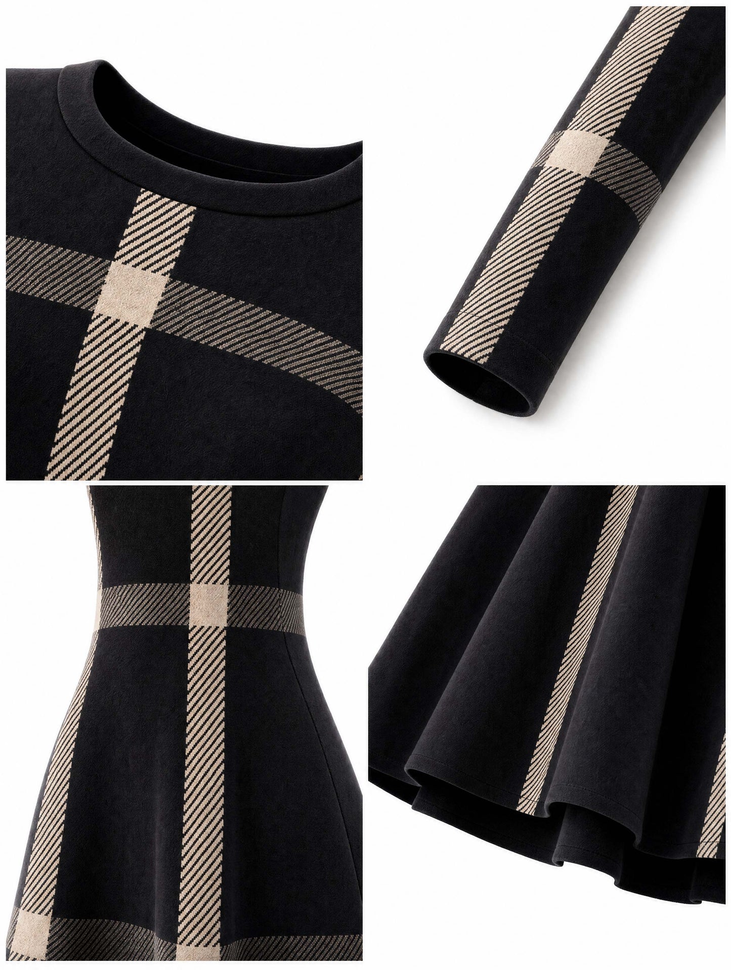 Vintage Plaid Long‑Sleeve Midi Swing Dress