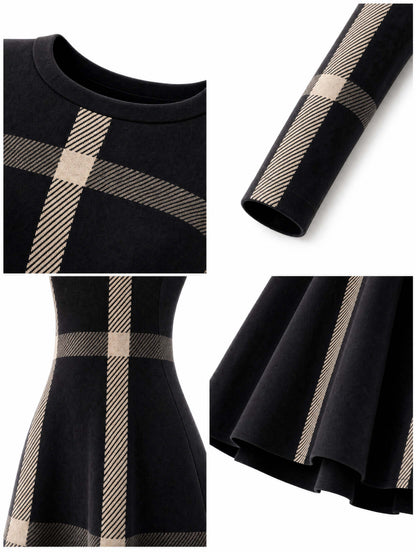 Vintage Plaid Long‑Sleeve Midi Swing Dress