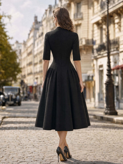 Vintage Mock Two‑Piece Black Midi Dress