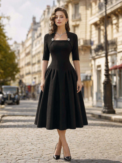 Vintage Mock Two‑Piece Black Midi Dress