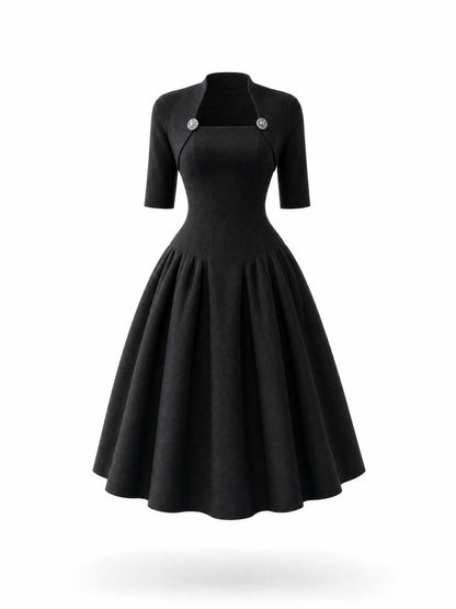 Vintage Mock Two‑Piece Black Midi Dress