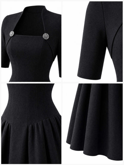 Vintage Mock Two‑Piece Black Midi Dress