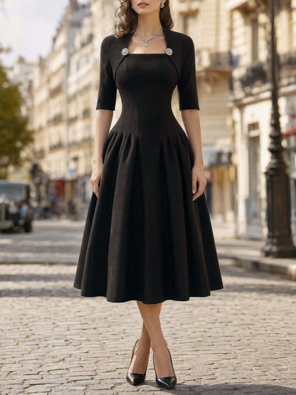 Vintage Mock Two‑Piece Black Midi Dress
