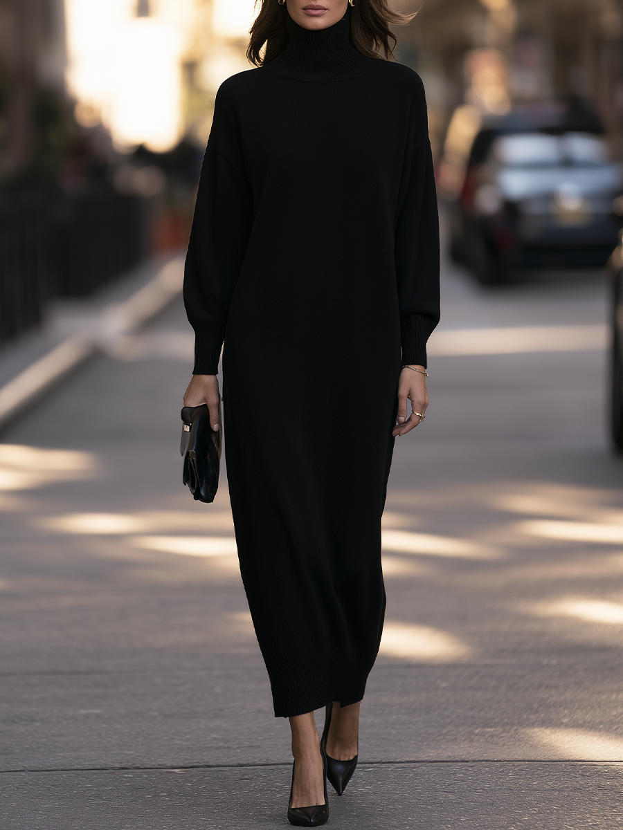 Turtleneck Drop-Shoulder Relaxed Knit Maxi Sweater Dress