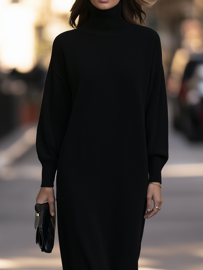 Turtleneck Drop-Shoulder Relaxed Knit Maxi Sweater Dress