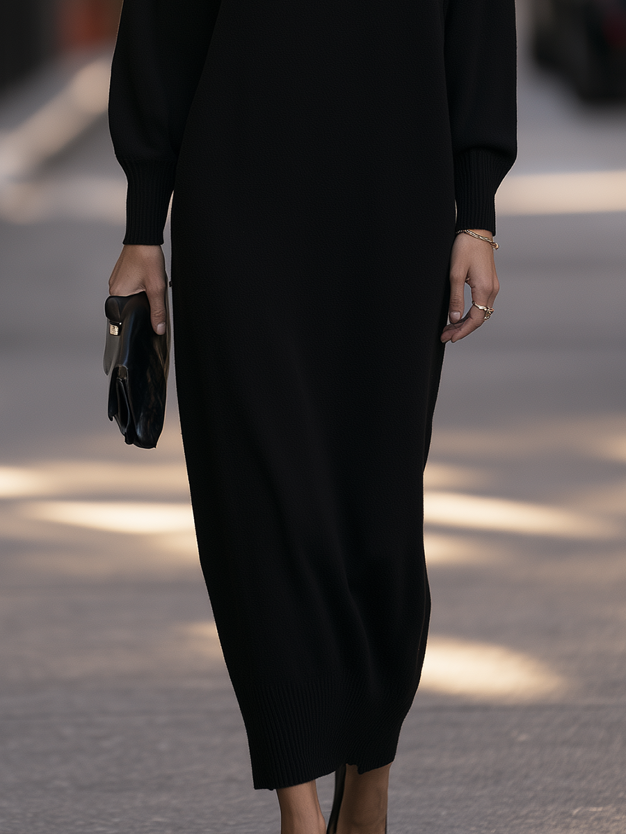 Turtleneck Drop-Shoulder Relaxed Knit Maxi Sweater Dress