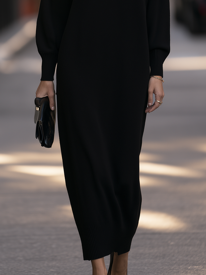 Turtleneck Drop-Shoulder Relaxed Knit Maxi Sweater Dress
