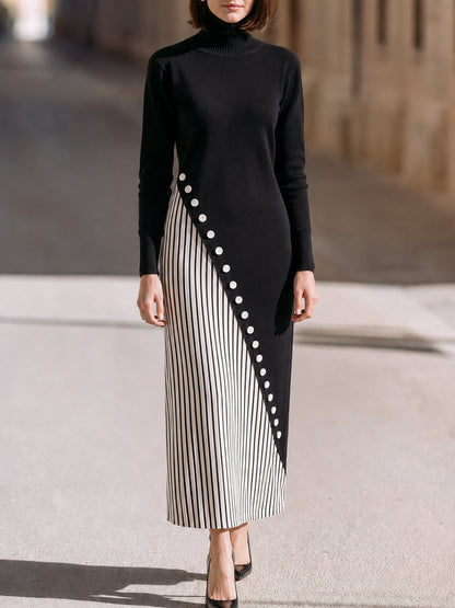 Asymmetric Button-Trim Turtleneck Maxi Dress