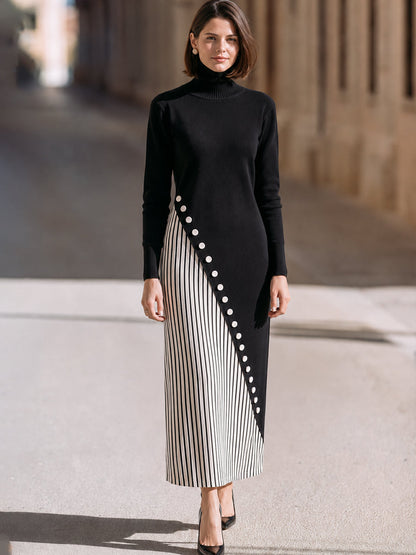 Asymmetric Button-Trim Turtleneck Maxi Dress