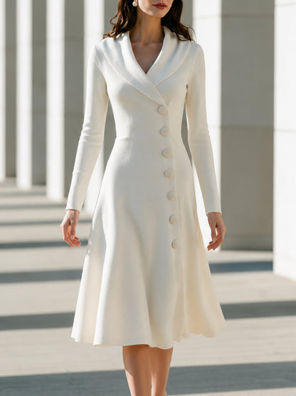 Shawl-Collar Button-Front A-Line Midi Dress
