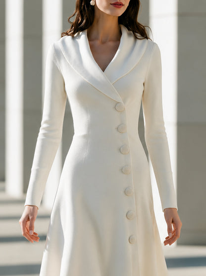 Shawl-Collar Button-Front A-Line Midi Dress