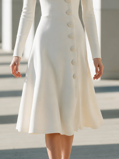 Shawl-Collar Button-Front A-Line Midi Dress