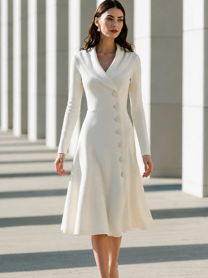 Shawl-Collar Button-Front A-Line Midi Dress