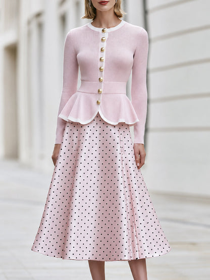 Peplum Cardigan And Polka-Dot Midi Skirt Set