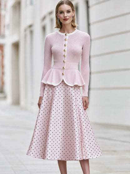 Peplum Cardigan And Polka-Dot Midi Skirt Set