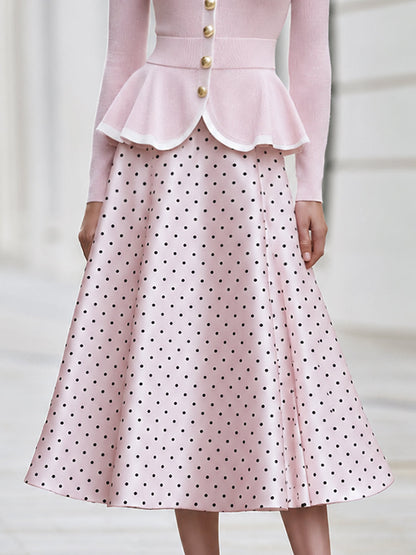Peplum Cardigan And Polka-Dot Midi Skirt Set