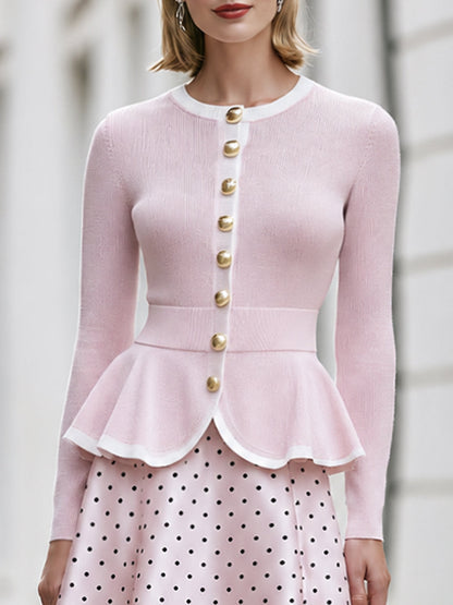 Peplum Cardigan And Polka-Dot Midi Skirt Set