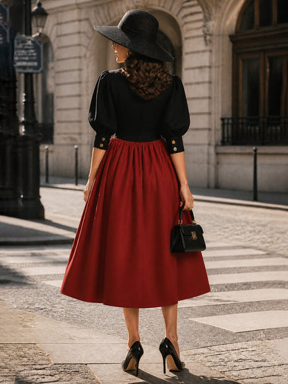 Vintage Black Red Puff-Sleeve Button-Front A-Line Dress