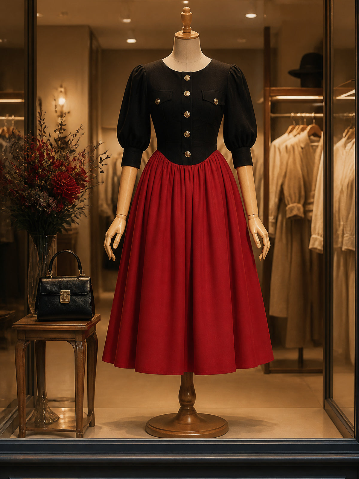 Vintage Black Red Puff-Sleeve Button-Front A-Line Dress
