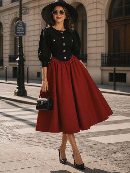 Vintage Black Red Puff-Sleeve Button-Front A-Line Dress